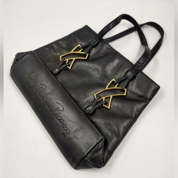 Paloma Picasso Vintage Black Leather Tote Bag Purse   w/Gold Accents - Picture 11 of 15